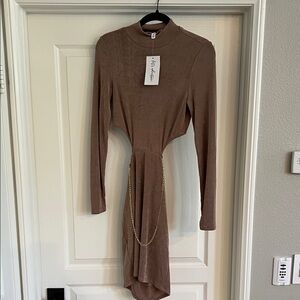 12th Tribe Brown Long Sleeve Dress with Chain Detail
